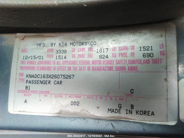 2002 KIA RIO VIN: KNADC163X26075267