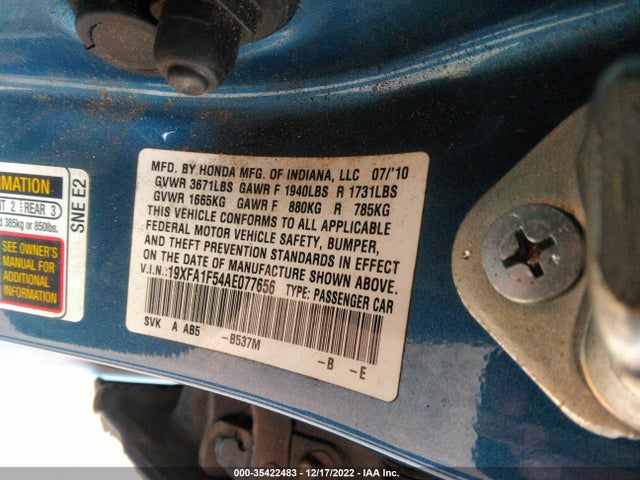 2010 HONDA CIVIC SDN LX VIN: 19XFA1F54AE077656
