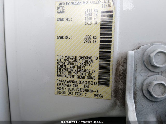 Aukcja sprzedaży 2011 Nissan Maxima 3.5 Sv W/premium Pkg, vin: 1N4AA5AP6BC820620, numer aukcji: 35422521