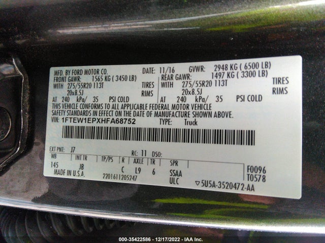 2017 FORD F-150 XL/XLT/LARIAT VIN: 1FTEW1EPXHFA68752