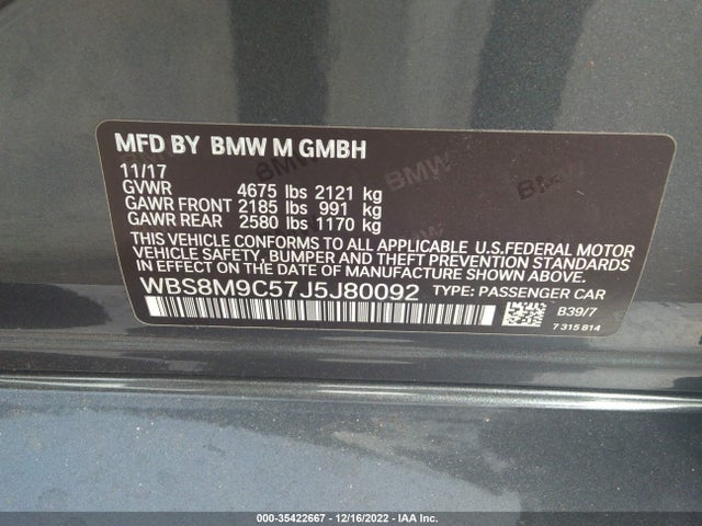 2018 BMW M3, VIN: WBS8M9C57J5J80092