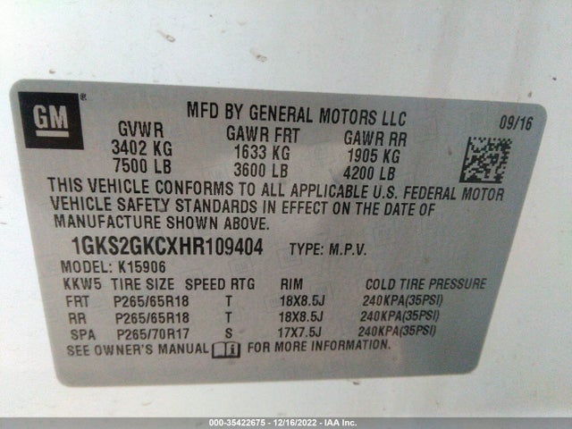GMC YUKON XL 2017 1GKS2GKCXHR109404 Image 9
