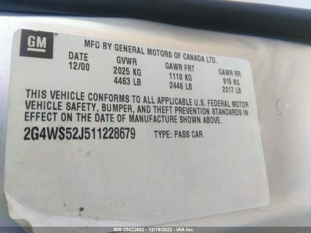 2001 BUICK CENTURY CUSTOM VIN: 2G4WS52J511228679