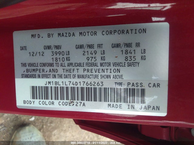 2013 MAZDA MAZDA3 I TOURING VIN: JM1BL1L74D1766263