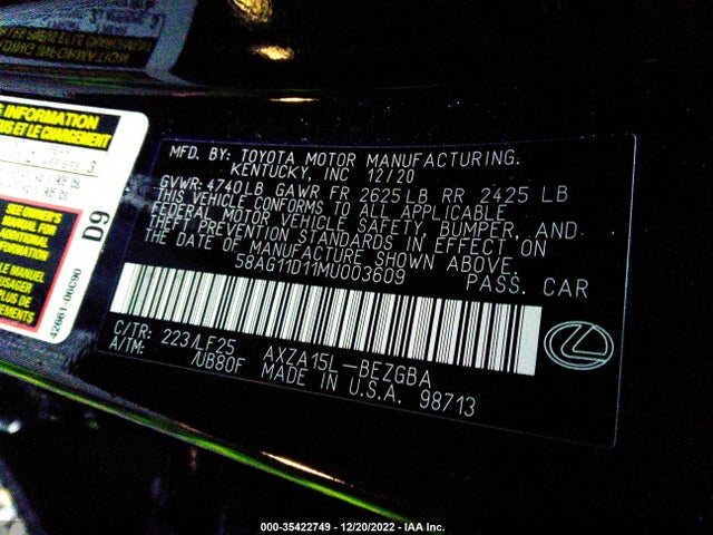 2021 Lexus ES, VIN: 58AG11D11MU003609