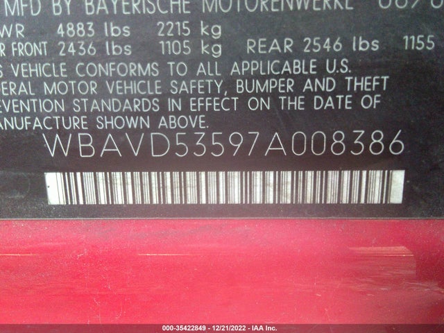 BMW 3 Series 335xi 2007 WBAVD53597A008386 Image 10