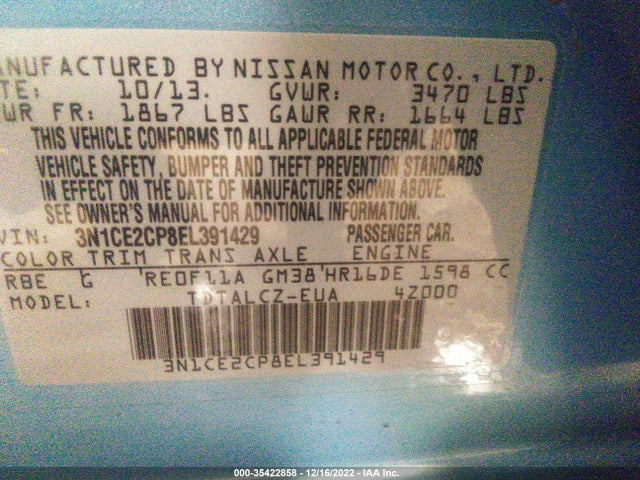 2014 NISSAN VERSA NOTE S PLUS VIN: 3N1CE2CP8EL391429