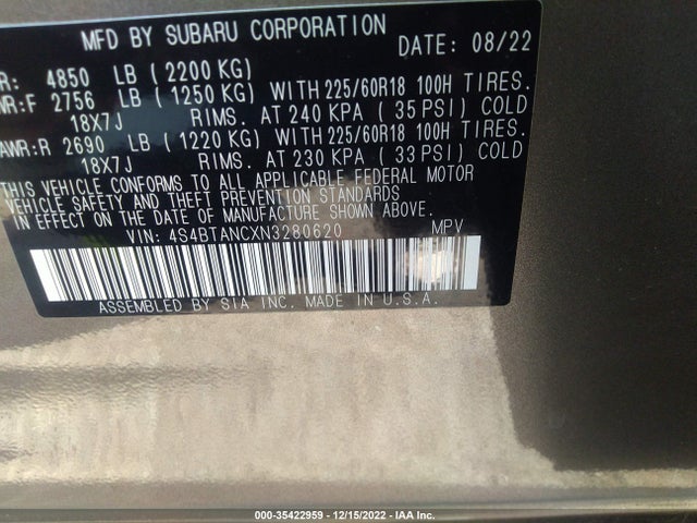 2022 Subaru Outback, VIN: 4S4BTANCXN3280620