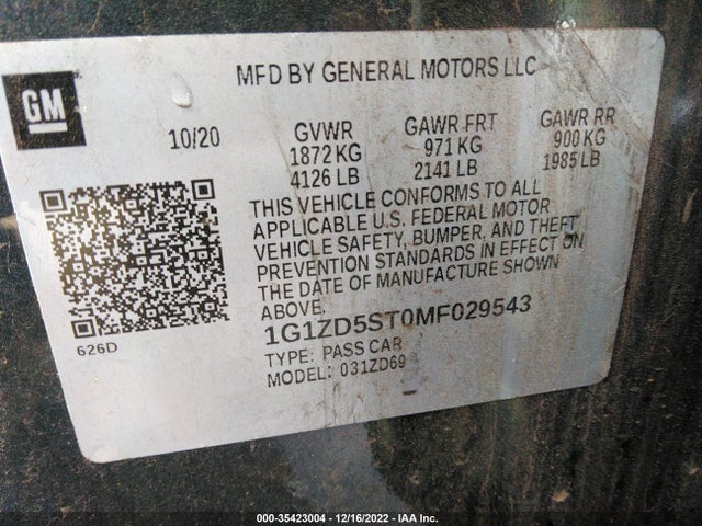 35423004 :رقم المزاد ، 1G1ZD5ST0MF029543 vin ، 2021 Chevrolet Malibu Lt مزاد بيع
