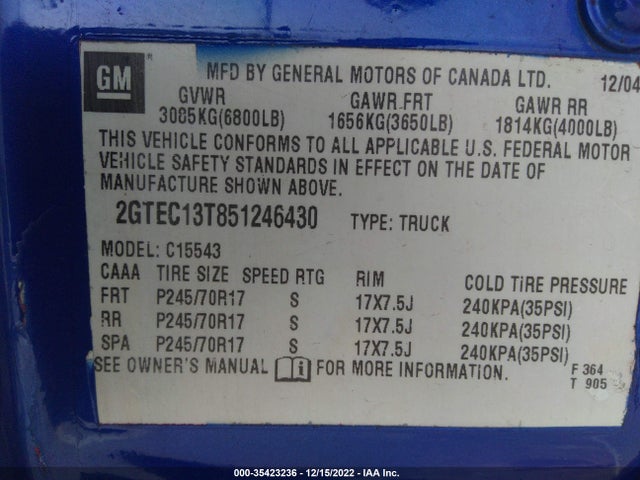 2005 GMC SIERRA 1500 SLE VIN: 2GTEC13T851246430