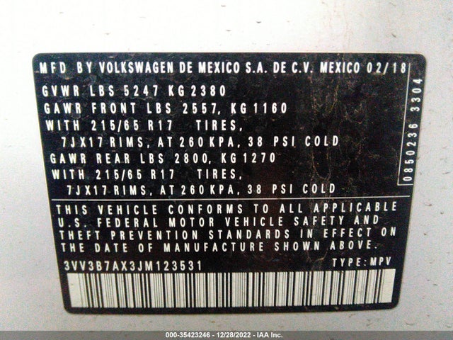 2018 VOLKSWAGEN TIGUAN SEL/SE VIN: 3VV3B7AX3JM123531