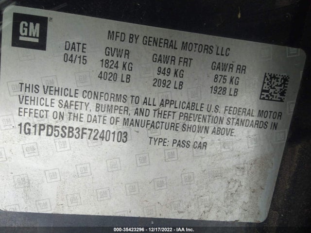 2015 CHEVROLET CRUZE LT VIN: 1G1PD5SB3F7240103