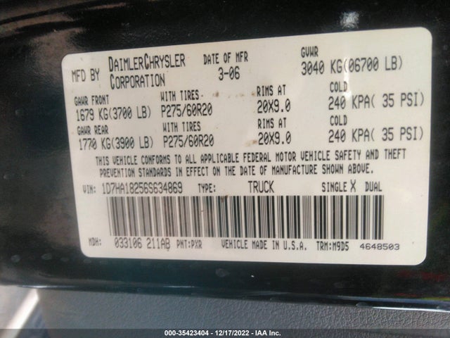 2006 DODGE RAM 1500 SLT VIN: 1D7HA18256S634869