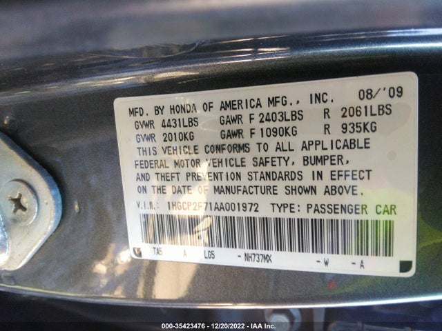 2010 HONDA ACCORD SDN EX VIN: 1HGCP2F71AA001972