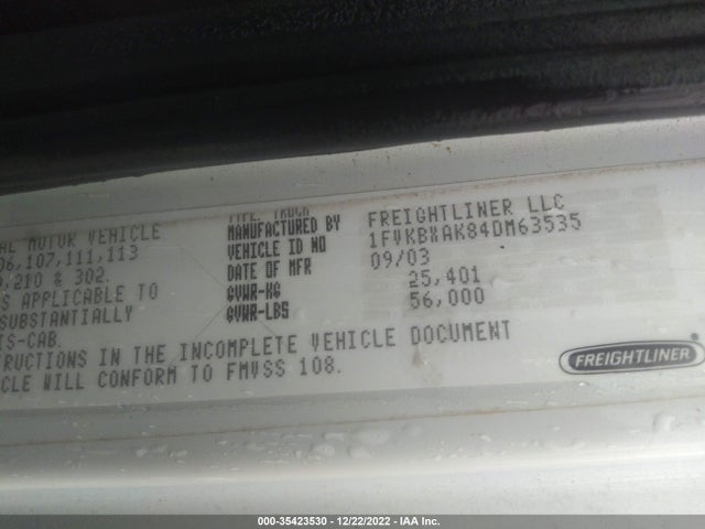2004 FREIGHTLINER MEDIUM CONVENTIONAL FL80 VIN: 1FVKBXAK84DM63535