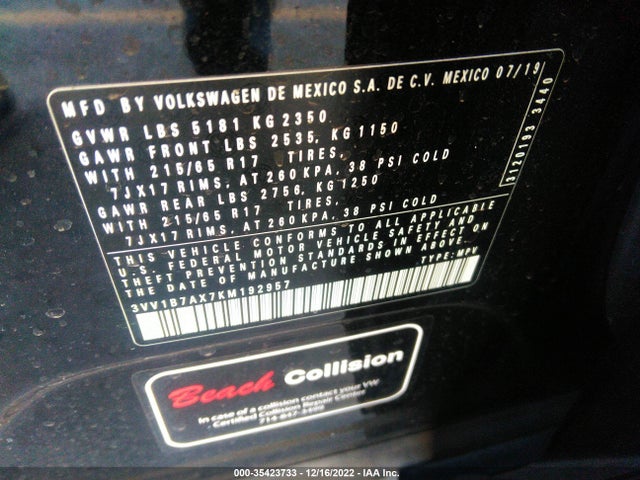 2019 Volkswagen Tiguan, VIN: 3VV1B7AX7KM192957