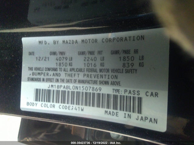 2022 MAZDA MAZDA3 SEDAN SELECT VIN: JM1BPABL0N1507869