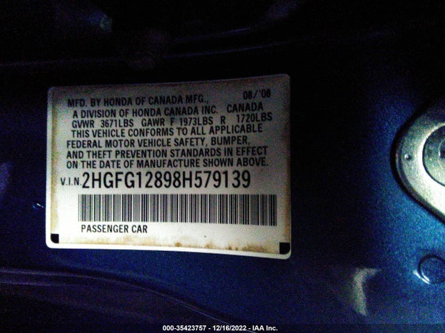 2008 HONDA CIVIC CPE EX VIN: 2HGFG12898H579139