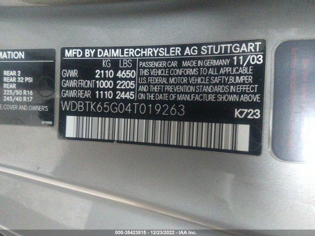 2004 MERCEDES-BENZ CLK-CLASS CABRIOLET 3.2L VIN: WDBTK65G04T019263