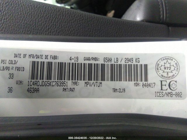 1C4RDJDG5KC763951 Dodge DURANGO GT