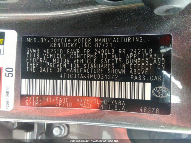 Toyota CAMRY 2021 4T1C31AK4MU031272 Image 9