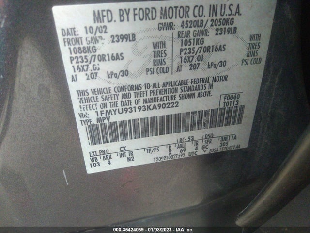 2003 FORD ESCAPE XLT VIN: 1FMYU93193KA90222