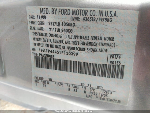 2001 FORD MUSTANG DELUXE/PREMIUM VIN: 1FAFP44451F130399