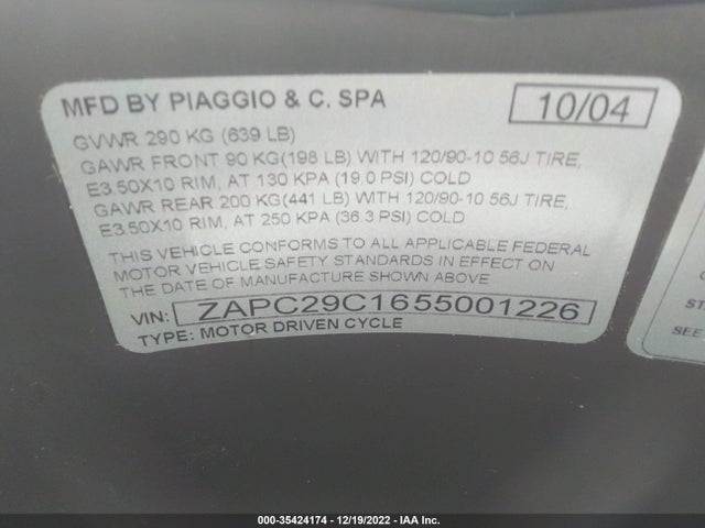 2005 PIAGGIO TYPHOON 50 VIN: ZAPC29C1655001226