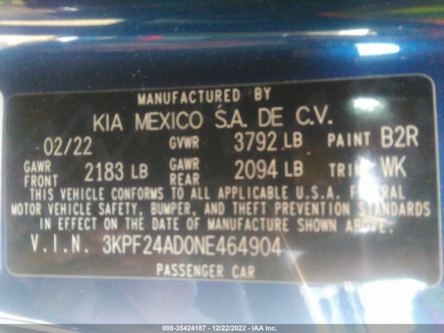 3KPF24AD0NE464904 KIA Forte Lxs