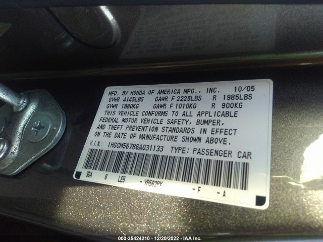 2006 HONDA ACCORD SDN EX/EX-L WITH NAVI VIN: 1HGCM56786A031133