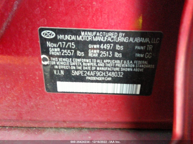 Hyundai Sonata 2.4l Se 2016 5NPE24AF9GH348032 Image 10
