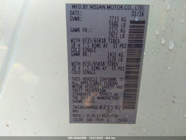 2016 NISSAN PATHFINDER SV VIN: 5N1AR2MM9GC623592