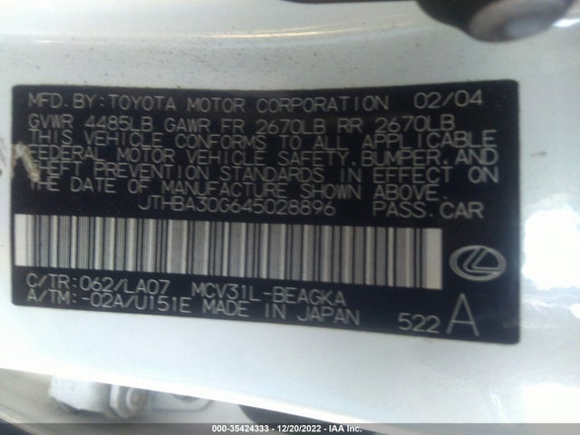 Lexus ES 330 2004 JTHBA30G645028896 Image 10