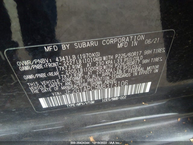 2021 SUBARU CROSSTREK PREMIUM VIN: JF2GTAPC9M8373106