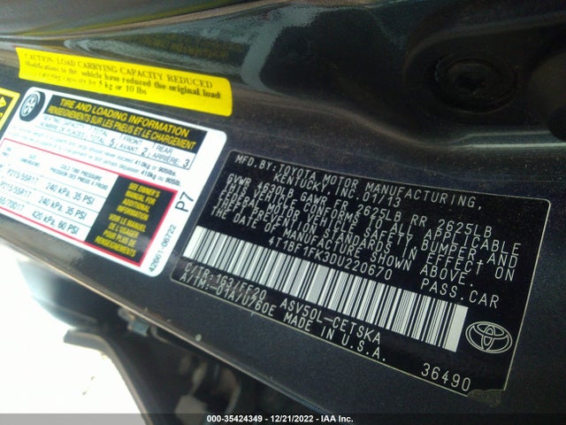2013 TOYOTA CAMRY L/LE/SE/XLE VIN: 4T1BF1FK3DU220670