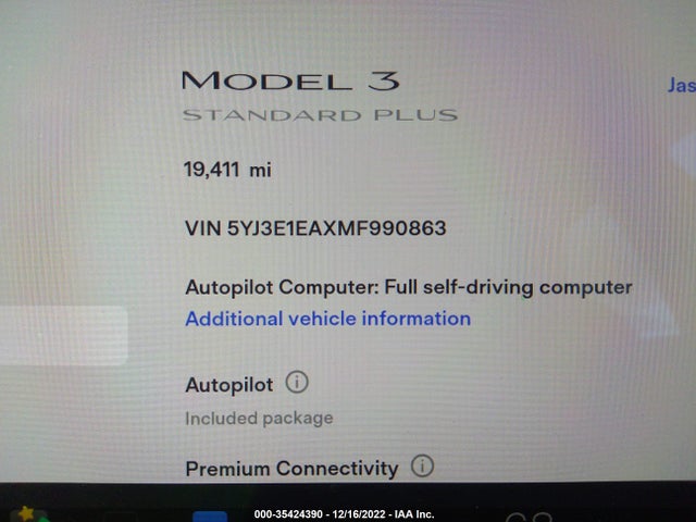 Tesla Model 3 Standard Range Plus 2021 5YJ3E1EAXMF990863 Image 9