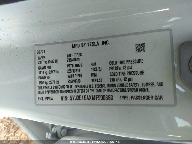 Tesla Model 3 Standard Range Plus 2021 5YJ3E1EAXMF990863 Image 11