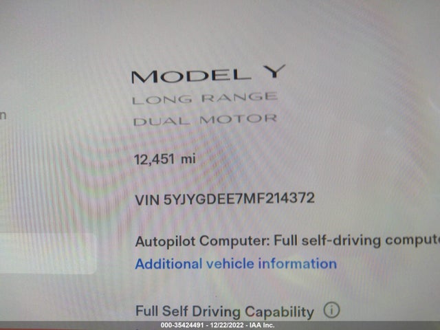 2021 Tesla Model Y, VIN: 5YJYGDEE7MF214372