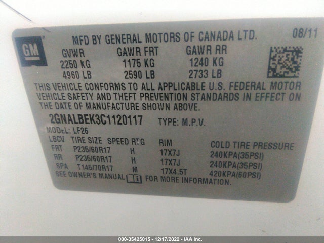 2012 CHEVROLET EQUINOX LS VIN: 2GNALBEK3C1120117