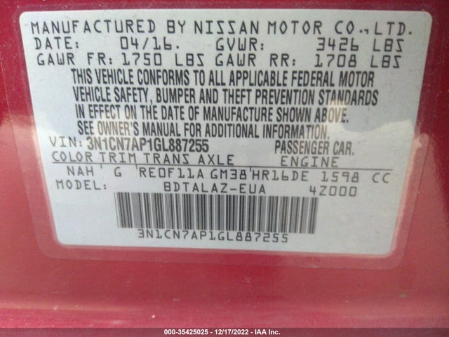 2016 Nissan Versa, VIN: 3N1CN7AP1GL887255