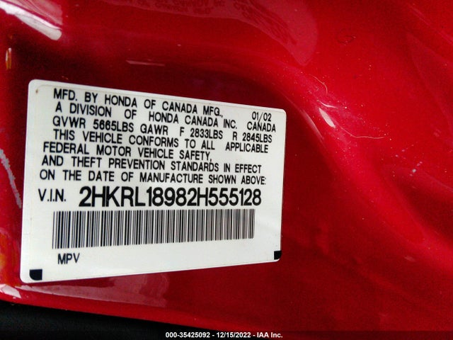 2002 HONDA ODYSSEY EX-L W/LEATHER VIN: 2HKRL18982H555128