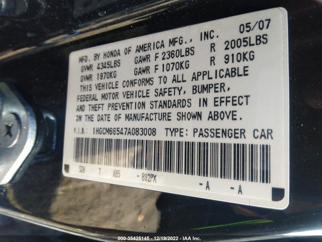 2007 HONDA ACCORD SDN EX-L VIN: 1HGCM66547A083008