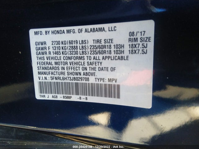 2018 Honda Odyssey, VIN: 5FNRL6H73JB029708