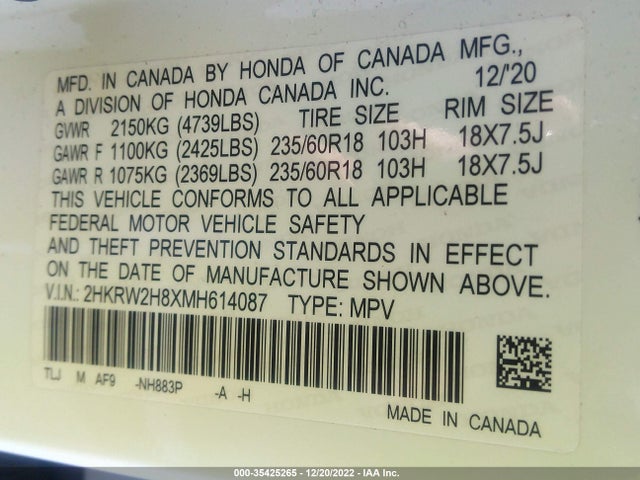 2021 Honda CR-V, VIN: 2HKRW2H8XMH614087