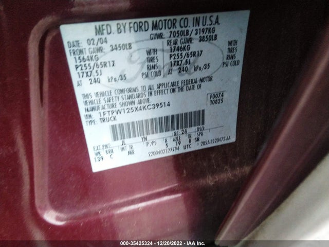 2004 FORD F-150 XLT/LARIAT VIN: 1FTPW125X4KC39514