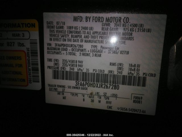 3FA6P0HDXJR267280 Ford FUSION SE