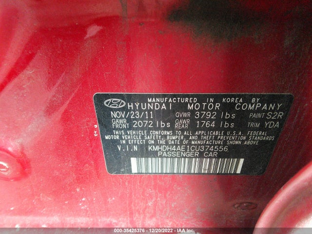 2012 HYUNDAI ELANTRA GLS VIN: KMHDH4AE1CU374556