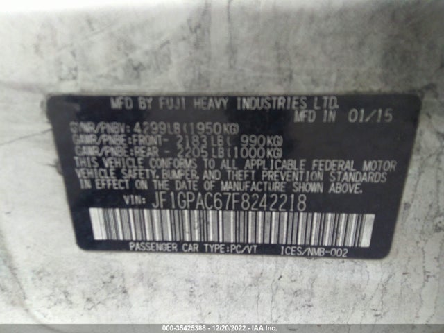 2015 SUBARU IMPREZA WAGON 2.0I PREMIUM VIN: JF1GPAC67F8242218