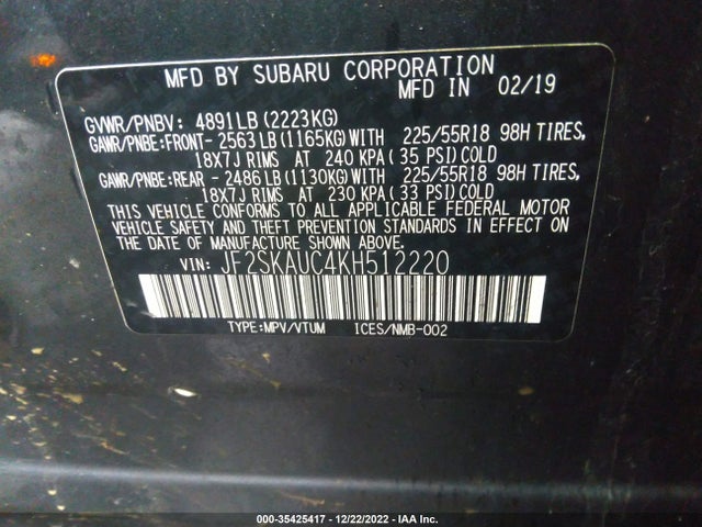 2019 Subaru Forester, VIN: JF2SKAUC4KH512220