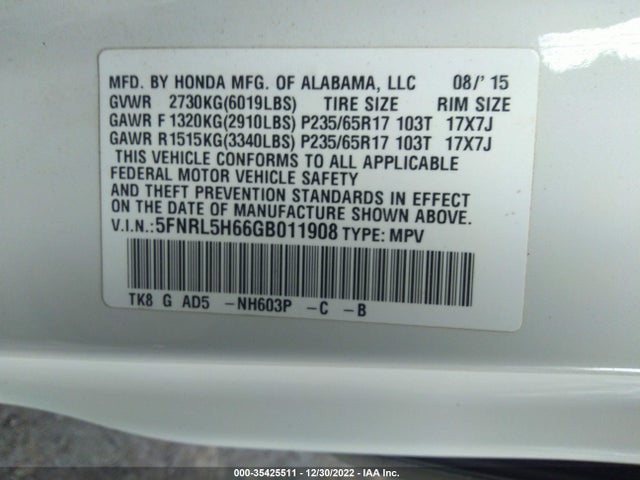 2016 Honda Odyssey, VIN: 5FNRL5H66GB011908